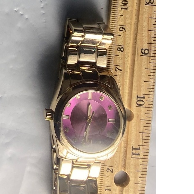 Mens Gold Tone Analog Watch Purple Dial Stainless Steel Band